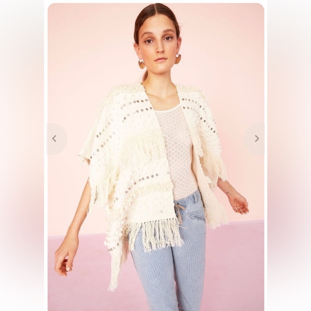 Ulla Johnson Bennie‎ Wrap Cream OS One Size Fits Most Knit Cotton Fringe Sequins